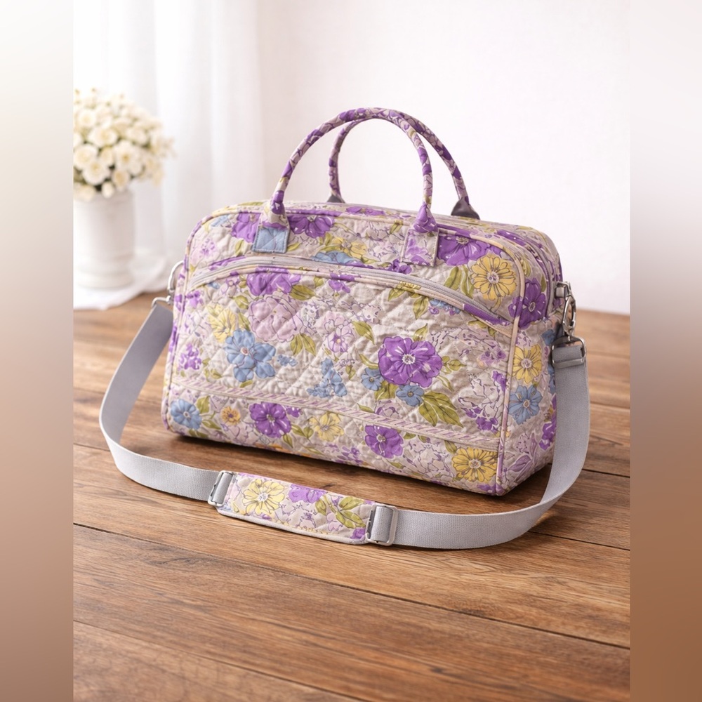 Vera Bradley Quilted Floral Weekender Travel Bag Laptop Tote Purple Blue